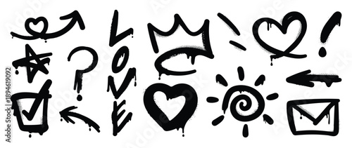 Hand drawn minimal ink doodle vector set with black icons on white background, arrows, hearts, envelopes and message marks. Simple design elements for planners and branding.