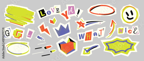 Hand drawn colorful collage sticker vector set with smiling icons, speech bubbles, labels and highlight shapes on gray background. Fun design elements for banners and social media.
