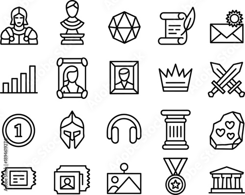 Museum icons, art history, ancient statue, gallery elements, heritage objects, culture icons, outline vector set, antique line illustration