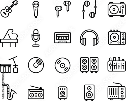 Music icons set, guitar, microphone, earphones, cassette, DJ equipment, speakers, radio, instruments, audio devices, sound mixer, headphones, playlist