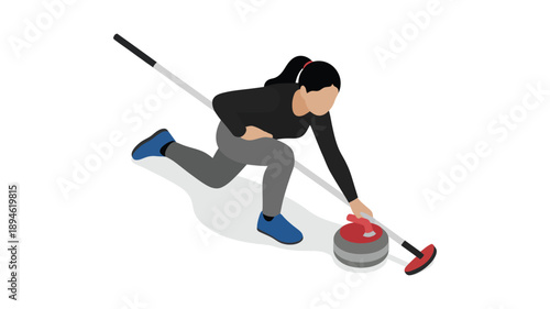 Isometric curling athlete in action with stone and broom, minimalist design, sports vector illustration