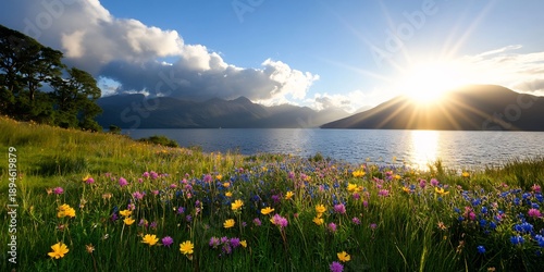 Beautiful Sunrise Over a Serene Lake with Wildflowers in the Foreground.