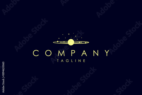 Vector golden logo on which an abstract image of the solar system with planets