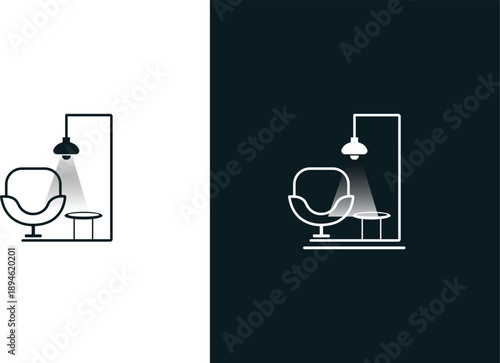 icons Minimalist interior scene with armchair and floor lamp simple line art design for modern living room or waiting area isolated on white and dark backgrounds