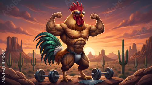 cool big muscle rooster on the wild west background with dumbbells on the ground
