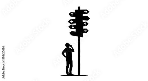 Man standing under directional sign looking puzzled with multiple arrows pointing different ways on white background