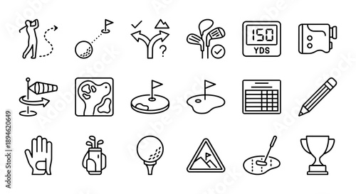 Golf strategy and tournament icon set with shot planning and scoring.