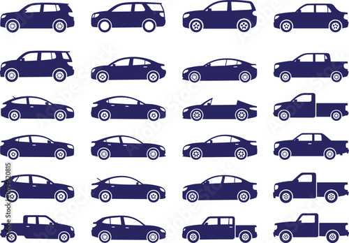 Car silhouette illustration set featuring various vehicle types including sedan suv pickup hatchback and convertible solid blue vector collection for transportation design