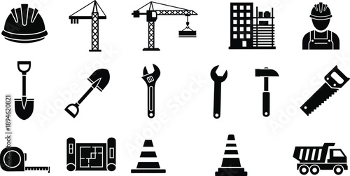 Engineering, construction worker, general maintenance, repair. Safety helmet, cranes, building under construction, worker, shovel, wrench, hammers, saws, excavator, dump truck,  traffic barriers. 
