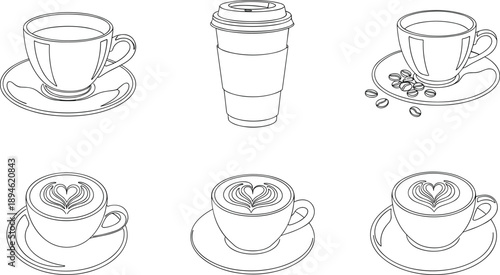 Coffee Cup Icon Collection Featuring Takeaway Cup Espresso with Saucer and Heart Shaped Latte Art in Minimalist Outline Style
