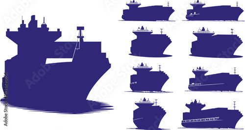 Cargo ship silhouette illustration set featuring large container vessels oil tankers and freight ships maritime transport solid blue vector collection for shipping industry design