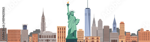 New York skyline, Statue of Liberty, colorful illustration, iconic buildings, urban architecture, USA, tourism, cityscape, travel, landmark, culture, skyscrapers, heritage,