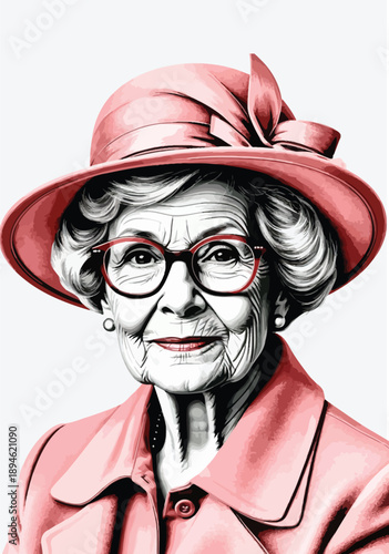 064-21-old Elegant older woman portrait in pink hat and red glasses with a kind smile