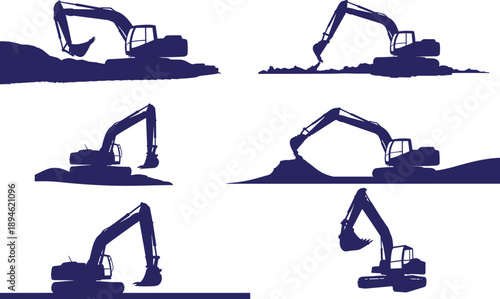 Excavator silhouette illustration set featuring heavy construction machinery digging loading and earthmoving actions industrial equipment solid blue vector collection for building projects