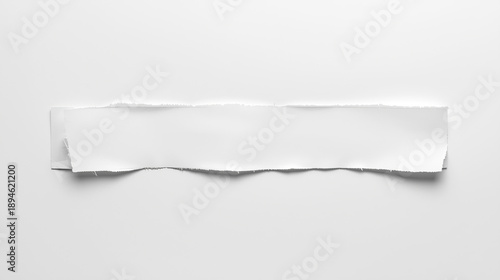 A horizontal strip of torn white paper is presented on a clean white background, featuring rough, irregular edges and subtle textures. The minimalist composition is characterized by high-key lighting.