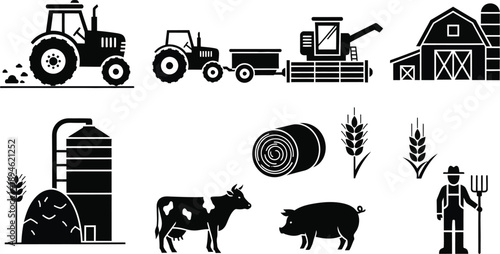 Countryside farming and agriculture activity. Farm machinery  tractors and a combine harvester, barn, silo, dairy farming, piggery, farmer, hay bales, wheat stalks icons symbol. 
