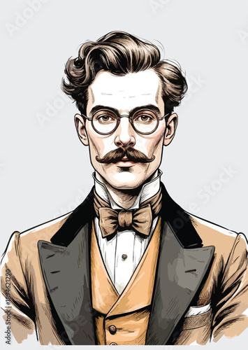 064-23-Gentleman with mustache, glasses, bow tie, and vest in vintage style artwork