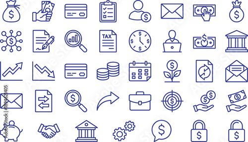 Finance and business line icons set featuring money banking payment tax investment analytics growth security minimal outline vector symbols for financial services design