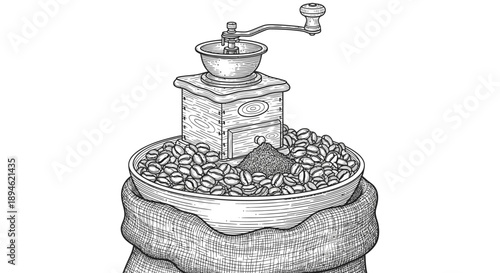 A detailed hand-drawn illustration features a vintage manual coffee grinder on fresh coffee beans, nestled in a rustic burlap sack, symbolizing traditional brew.