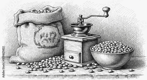 This detailed monochrome pencil sketch captures the essence of traditional coffee preparation with a burlap sack of beans, a vintage grinder, and a full bowl.