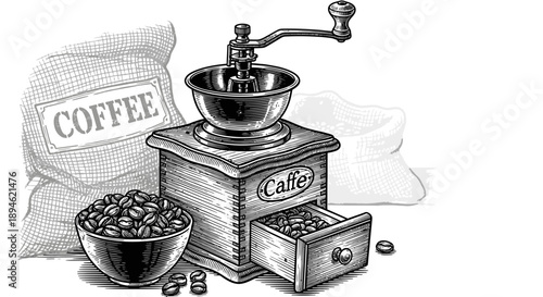 A charming monochrome illustration depicts the timeless ritual of coffee making, featuring a traditional hand grinder, whole beans, and a coffee sack.