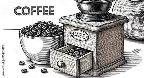 This detailed, hand-drawn illustration captures the timeless essence of coffee preparation, featuring a classic grinder and fresh beans, evoking traditional craftsmanship.