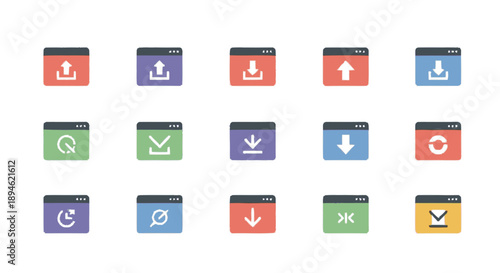 Set of colorful flat icons representing download and upload actions.
