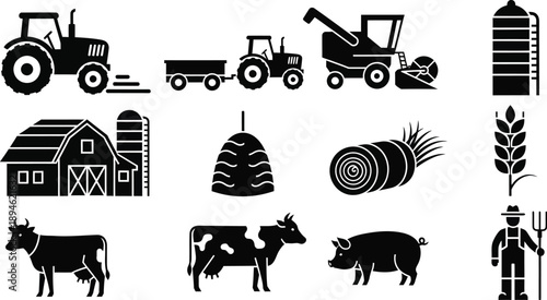 Countryside farming and agriculture activity. Farm machinery  tractors and a combine harvester, barn, silo, dairy farming, piggery, farmer, hay bales, wheat stalks icons symbol. 