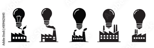 Series of five industrial factory silhouettes with light bulb ideas, symbolizing innovation and industry.