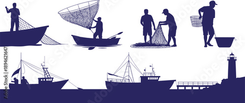 Fishing industry silhouette illustration set featuring fishermen boats nets harbor lighthouse and commercial fishing activities maritime livelihood solid blue vector collection