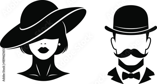 Retro lady and gentleman fashion style and accessories. Mustache and hat ladies man. Man wearing bowler hat, fedora, lady hat. Man woman icon gentleman lady. 