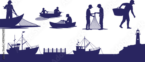 Fishing industry silhouette illustration set showing fishermen boats nets harbor and lighthouse commercial fishing activities maritime livelihood solid blue vector collection