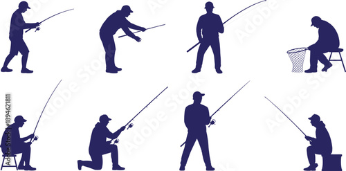 Fishing silhouette illustration set featuring anglers casting rods standing kneeling and sitting poses recreational sport activity solid blue vector collection for outdoor leisure design