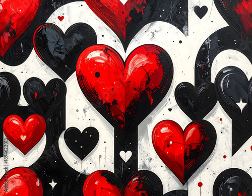 Bold Textured Red and Black Hearts on Abstract Checkered Pattern Background