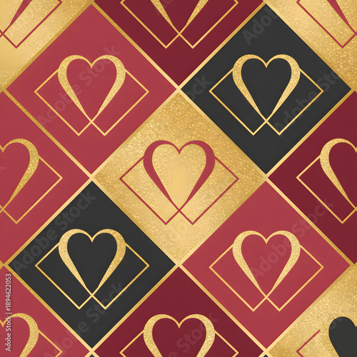 Elegant Geometric Heart Pattern with Gold Accents and Pink Diamond Shapes