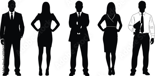 Business silhouettes of professionals, standing in a row, formal attire, corporate posture, teamwork, leadership, diversity, vector illustration, black 