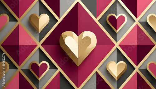 Elegant Geometric Heart Pattern with Gold Accents and Pink Diamond Shapes