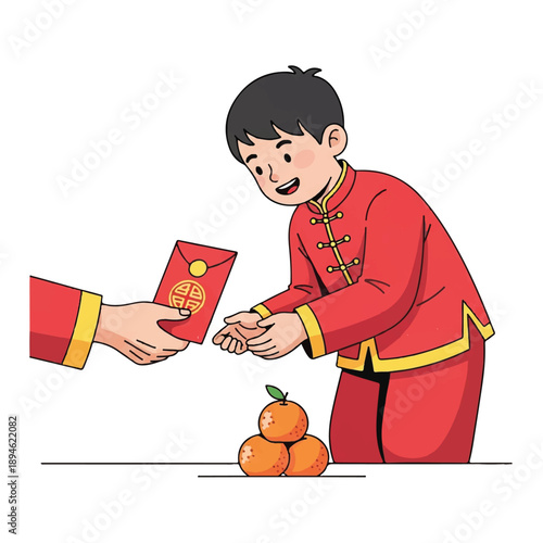 Cartoon boy in red traditional Chinese attire receiving a red envelope with gold designs and oranges on a white background.