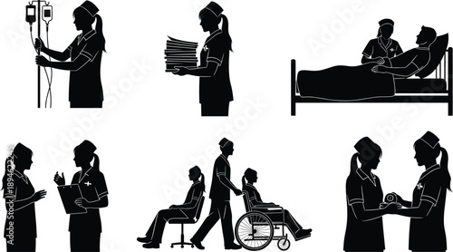 Nurse silhouette, hospital care, patient support, medical teamwork, healthcare staff, IV drip, wheelchair assistance, clipboard, equipment check, nurse duty,
