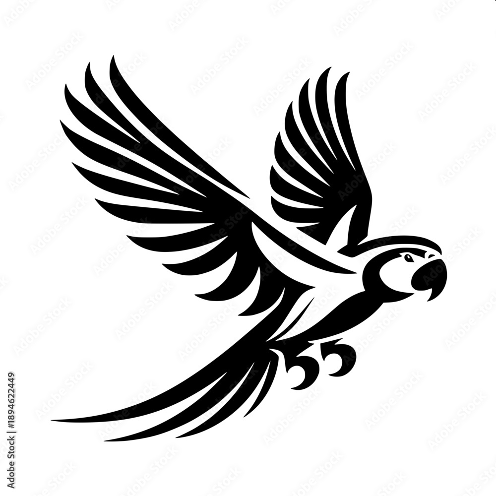 Obraz premium Monochrome parrot head drawing, side view, thick black strokes, negative space feathers, modern logo illustration
