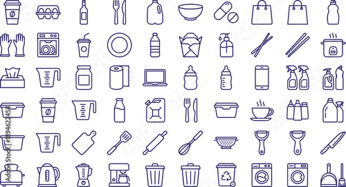 Kitchen and household line icons set featuring food containers cookware cleaning supplies appliances reusable items minimal outline vector symbols for daily home lifestyle use