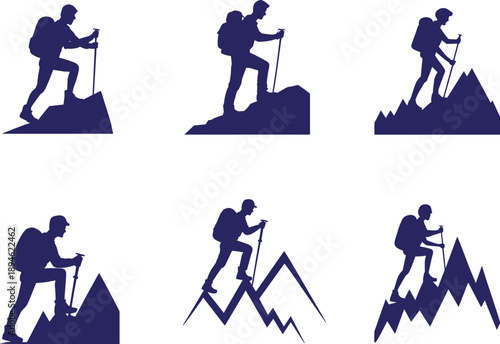 Mountain hiking silhouette illustration set featuring backpacker climbers trekking uphill with poles outdoor adventure leadership success achievement solid blue vector collection