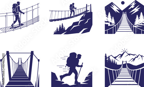 Mountain suspension bridge silhouette illustration set featuring hikers crossing rope bridges adventure trekking outdoor travel nature landscapes solid blue vector collection