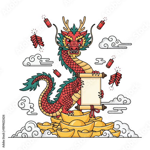 Illustration of a red dragon holding a scroll on a pile of gold coins with fireworks and clouds in the background.