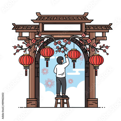 Illustration of a person decorating a traditional Chinese archway with red lanterns and flowers against a blue sky with white clouds.