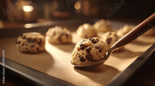 Warm Chocolate Chip Cookie Dough on Baking Tray Ready to Bake