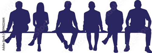People sitting silhouette illustration set featuring men and women seated in casual poses human figures solid blue vector for social teamwork concept