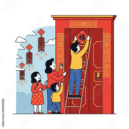 A family decorates a red door with festive couplets and lanterns during a traditional Chinese celebration with a joyful mood.