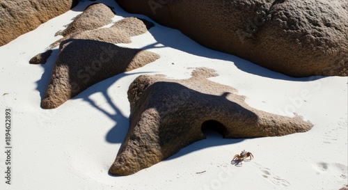 Intriguing rock formations casting dramatic shadows on a pristine white sandy beach during daylight