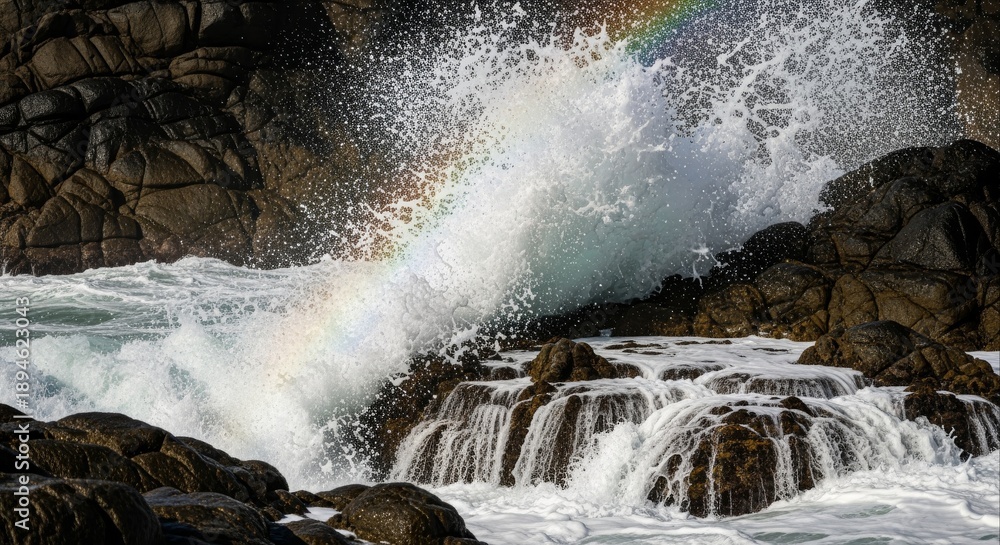 Fototapeta premium Close-up view of a powerful wave crashing against rocky coastline with a rainbow arc